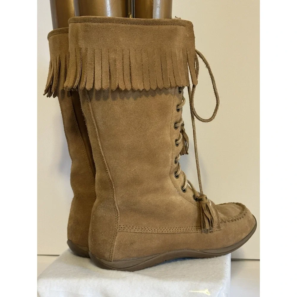 L L Bean Suede Leather Tan Tassel Fringe Sheepskin Lined Winter Boots Size 7‎ M